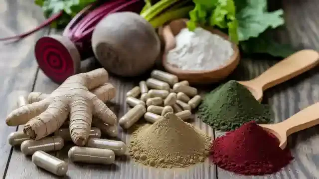 10 Natural Energy Supplements - Diverse natural supplements like powders and capsules on a wooden table