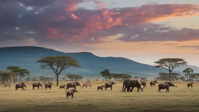 14 Days Uganda Wildlife  - Ugandan savannah with elephants, giraffes, and buffalo