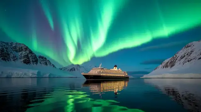 21-Day Northern Fjords And Northern Lights Cruise - Cruise ship under aurora in Northern fjords