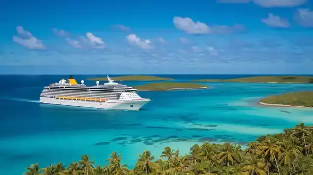  7 Day Cruise From  Boston To Bahamas - A cruise ship near the Bahamas with islands and beaches