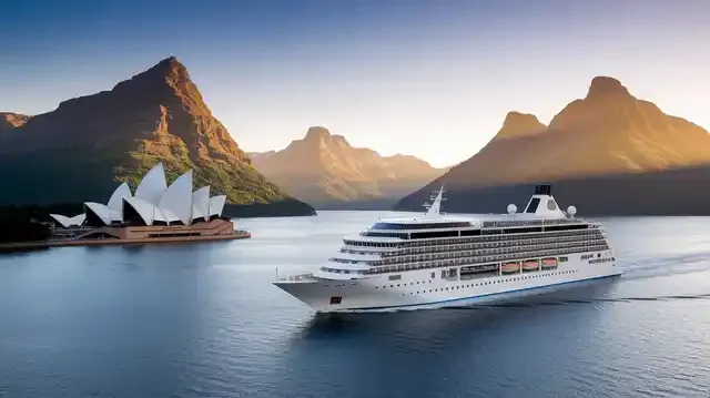Australia And New Zealand Cruises 2025 And 2026   - Cruise ship near Sydney Opera House and Fiordland cliffs