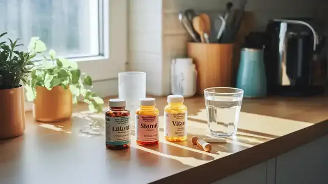 Best Time Of Day To Take Most Popular Vitamins - Vitamin bottles with a glass of water on a sunny kitchen countertop