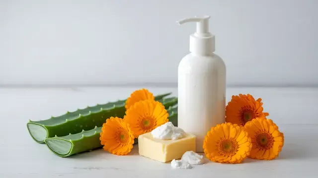 Body Lotions For Itchy Skin - Lotion bottle next to natural ingredients like aloe vera and calendula