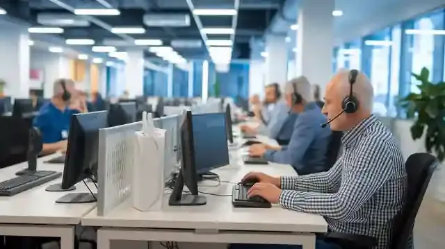 Call Center Jobs For Seniors - Office setup for seniors in call centers with headsets and computers