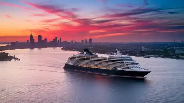 Copenhagen - Amsterdam Cruise 2025/2026 - Cruise ship journeying on a scenic ocean route with vibrant sunset