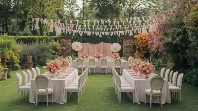 Garden Birthday Party Venue  - Outdoor garden birthday venue with elegant decorations and lush greenery