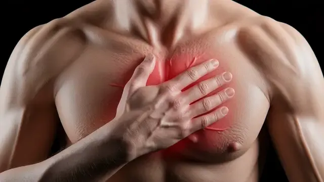 Heart Attack — 4 Common Symptoms - Close-up of a chest with hand over heart depicting heart attack