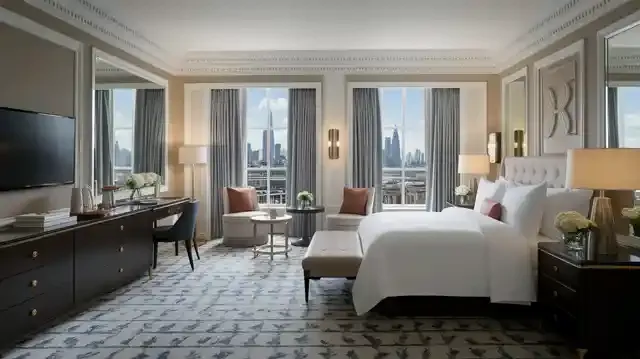 Hotels In London - Luxurious hotel room with elegant furnishings and city view