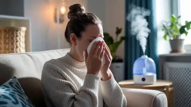 How To Stop A Nosebleed - Person applying cold compress on nose against a decorated backdrop