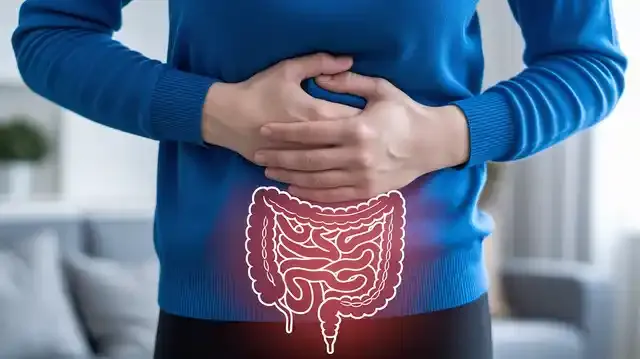 Irritable Bowel Syndrome (IBS) And Its Main Signs - Person experiencing abdominal discomfort with digestive diagram