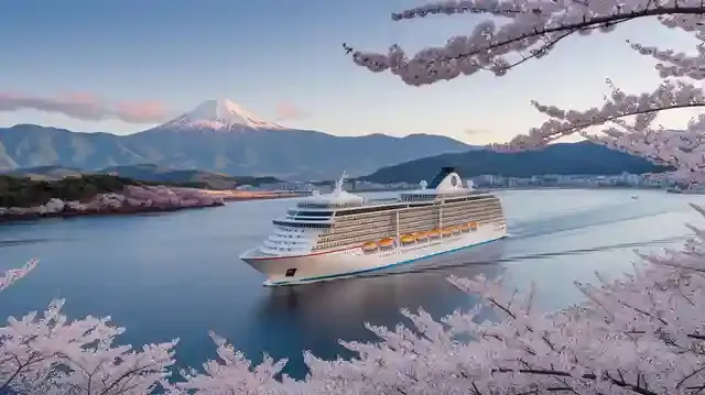 Japan Cruises 2025 And 2026 - Luxury cruise ship near Japan's coast in spring
