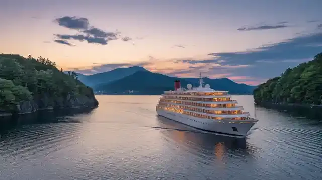 Japan Cruises 2025 And 2026 - Luxury cruise ship near Japan's coastal landscape