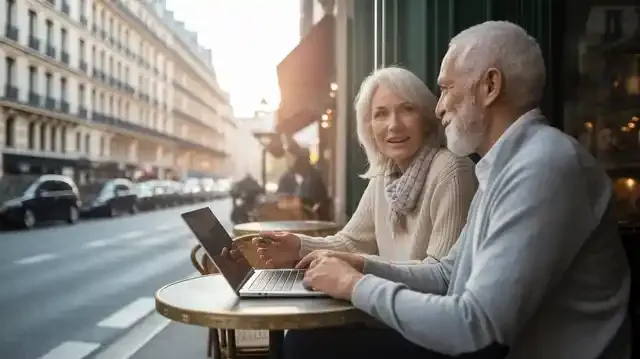 Jobs In France For Seniors - Senior couple reviewing job options in a Paris cafe