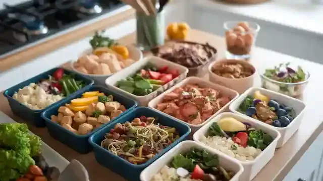 Meal Plans Delivery Services For Seniors - Different healthy meals neatly arranged in a delivery box