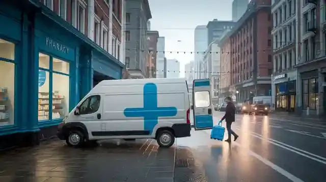 Medicine Delivery Drivers Job - A delivery vehicle collecting packages from a pharmacy
