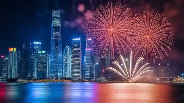 New Year Celebration  - A vibrant cityscape with fireworks and festive lights during New Year's Eve celebration