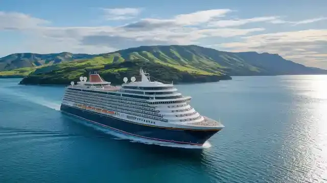 New Zealand And Australia Cruises 2025 Airfare Included - Luxurious cruise ship near New Zealand's scenic coastline