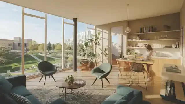 No Deposit Student Apartments For Rent - Interior of a stylish student apartment with large windows and modern furnishings