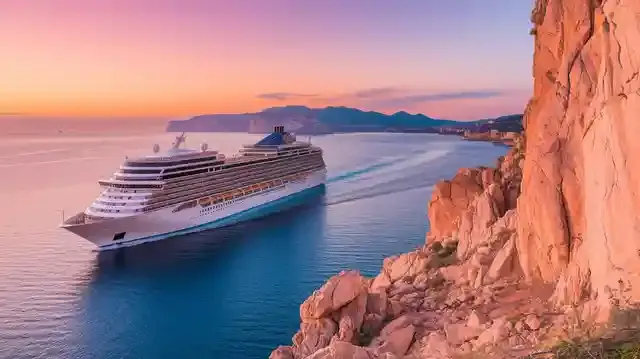 Rome To Nice Cruises 2025/2026 - Cruise ship along Mediterranean coast at sunset