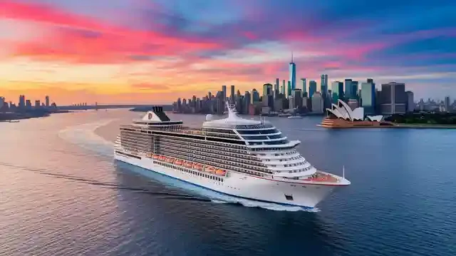Sail From New York To Sydney: The Ultimate World Cruise Experience - Luxurious cruise ship on ocean, skyline backdrop
