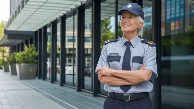 Security Guard Jobs For Seniors - Elderly security guard observing a building entrance