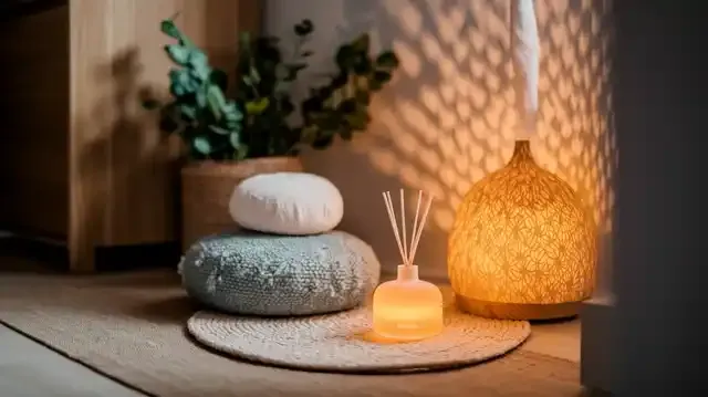 Top 10 Stress Relief Methods You Can Do At Home - Cozy meditation corner at home with diffuser and cushion