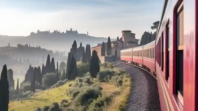 Travel - Italian countryside seen from a train window with hills and old buildings