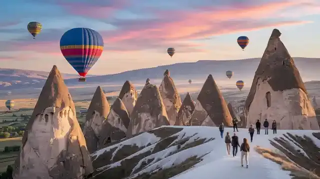 Turkey 14 Days Tour Packages - Travelers amidst Cappadocia's rock formations with balloons