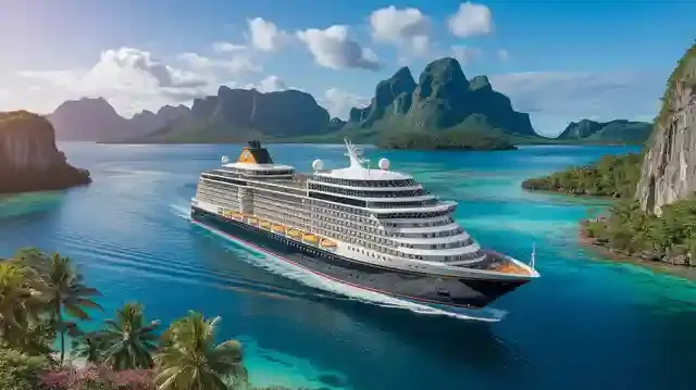 UK To Asia Cruises 2025/2026 - Cruise ship in tropical Asian waters surrounded by lush landscapes