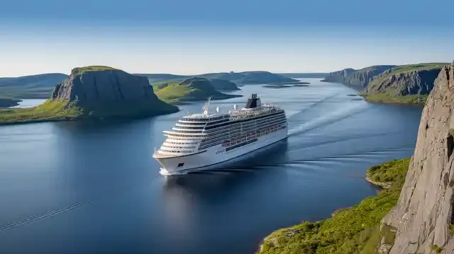 UK To Baltics Cruises 2025/2026 - Luxury cruise ship in Baltic Sea with scenic coasts