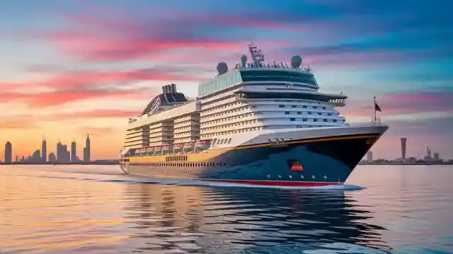 UK To Dubai Cruises 2025/2026 - Cruise liner at sunset with ocean and cityscape