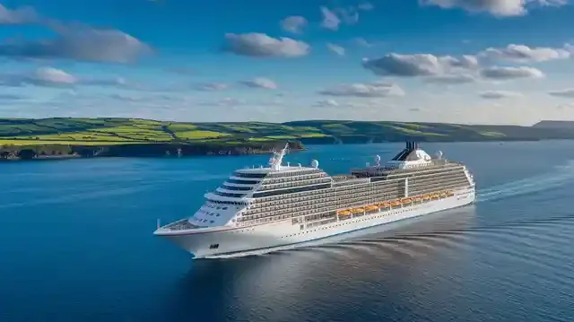 UK To France Cruises 2025/2026 - Cruise ship traveling through blue waters with coastlines