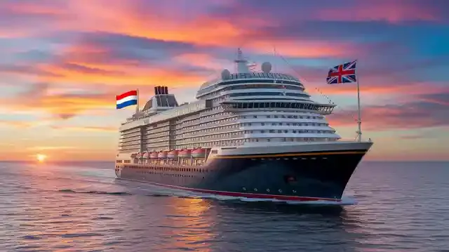 UK To Netherlands Cruises 2025/2026 - A luxury cruise ship sailing at sunset across the North Sea with subtle UK and Dutch flags in the scene