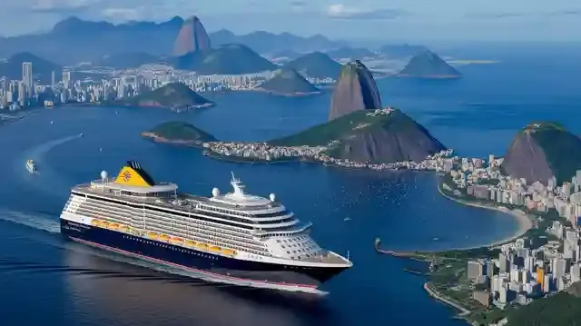 UK To South America Cruises 2025/2026 - Cruise ship near Rio de Janeiro with Christ the Redeemer in the background