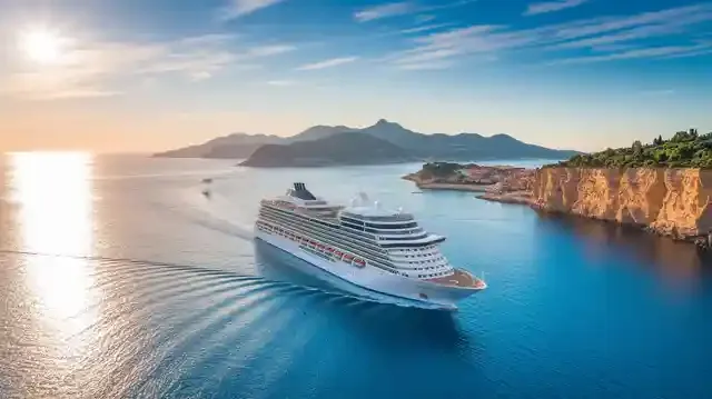 UK To Spain Cruises 2025/2026 - Luxurious cruise ship nearing Spanish coastline at sunset